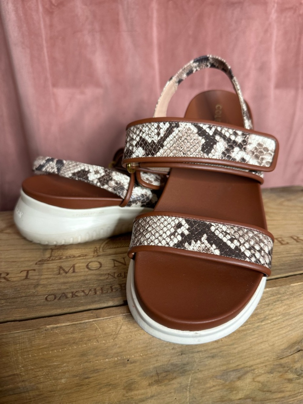 Cole Haan Zerogrand Merrit Snake-Print Brown Leather Sandals Wmn 8.5